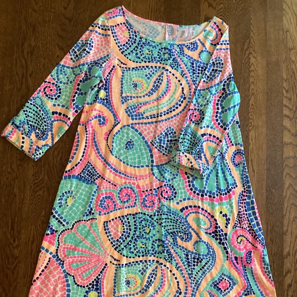 Lilly Pulitzer Edna Swing Dress Tile Wave Reduced Multi Asymmetrical Hem 3/4 Slv - Picture 12 of 13